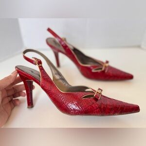 90s Y2K Nina Red & Gold Bow Patent Pointy Stiletto Heels Pumps Shoes Size 8.5